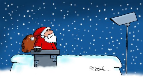 Father Christmas under CCTV surveillance going down a chimney.