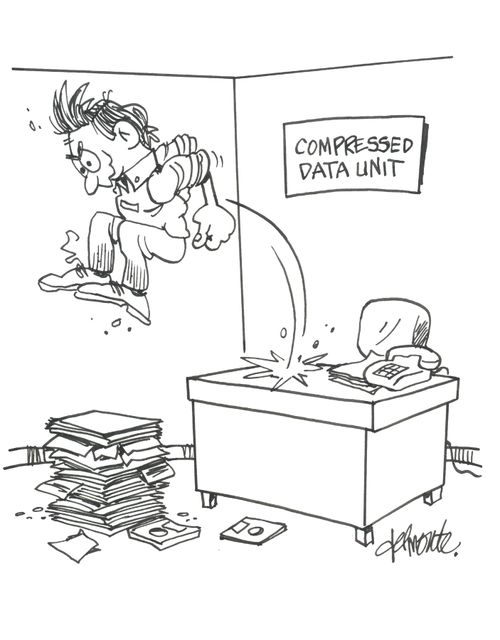 A man jumps on a pile of papers in the Data Comprestion Unit.