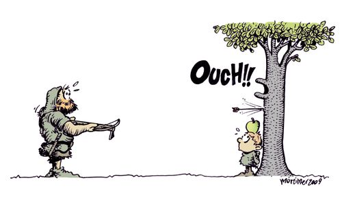 William Tell shoots a tree, which yelps in pain.