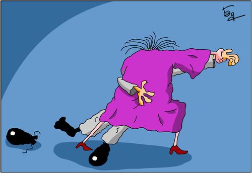 A lady leads her dance partner so strong that he loses his shoe.