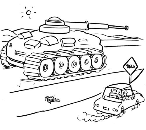Driver sees 'Yield' road sign as tank is on road in which car merges.