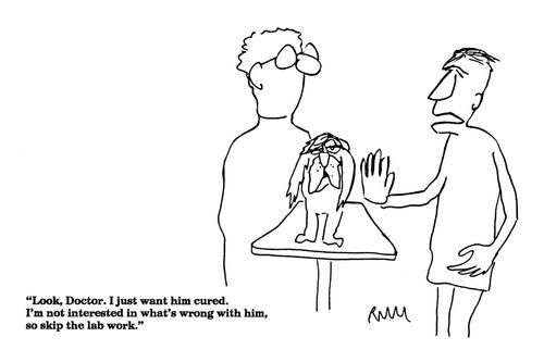 'Look, Doctor.  I just want him cured. I'm not interested in what's wrong with him, so skip the lab work."