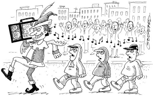Pied Piper leading youths away with ghetto-blaster.