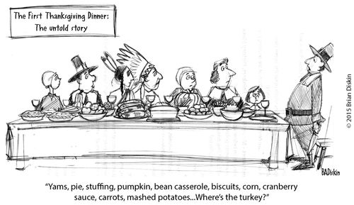"Yams, pie, stuffing, pumpkin, bean casserole, biscuits, corn, cranberry sauce, carrots, mashed potatoes...where's the turkey?"