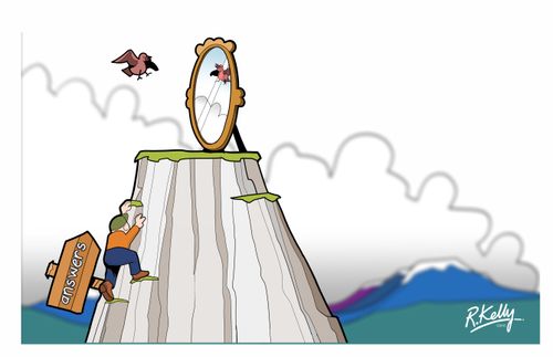 Man climbs to the mountaintop for answers where a mirror awaits.