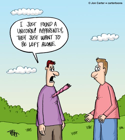 "I just found a unicorn! Apparently, they just want to be left alone."