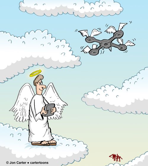 Angel is flying a drone with angel wings.