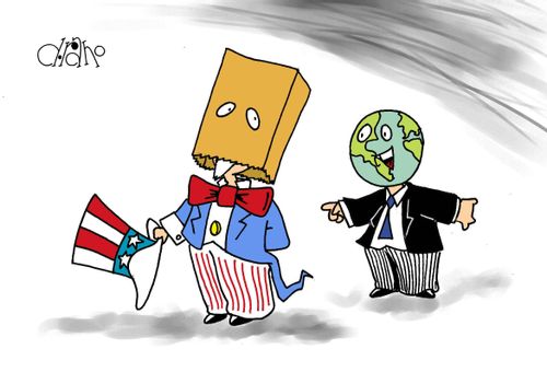 Uncle Sam puts a paper bag over his head as the world laughs at him.
