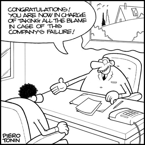 "Congratulations! You are now in charge of taking all the blame in case of this company's failure!"