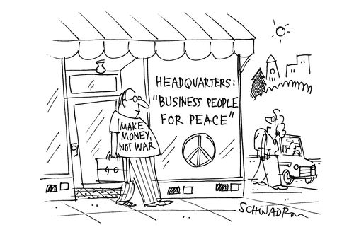 Sign on shop: Headquarters: 'Business People for Peace'.  Man walks out of shop wearing t-shirt with slogan 'Make money not war'.