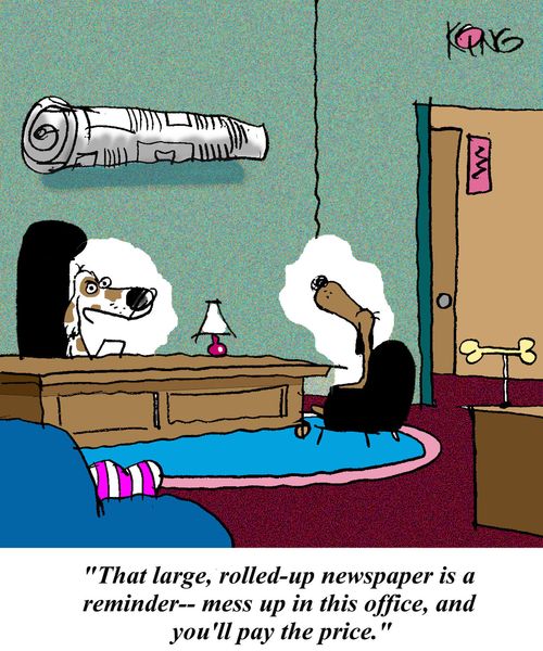 'That large, rolled up newspaper is a reminder - mess up in this office and you'll pay the price.'