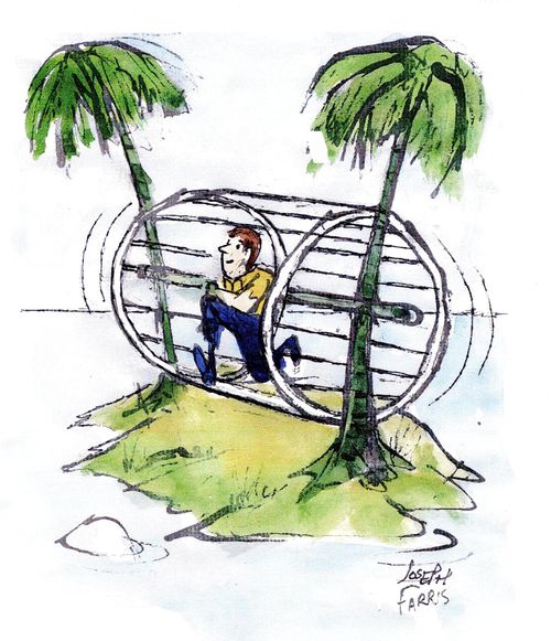 Man Exercising in Wheel on Desert Island.
