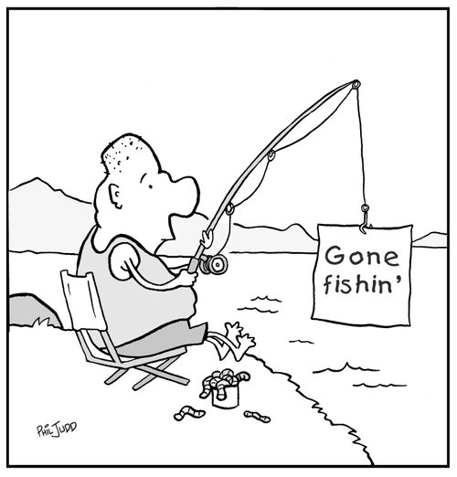 Fisherman pulling out hook with sign on it saying 'Gone fishin' '.