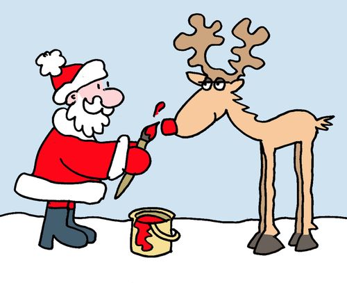 Father Christmas Painting a Raindeer's Nose.