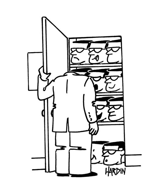 Man chooses head from cupboard.