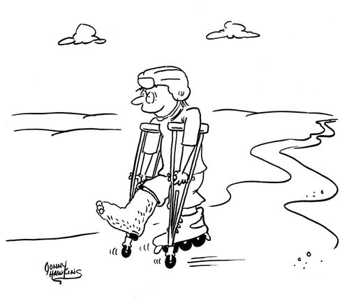 Rollerblader wears a cast and has wheels on crutches