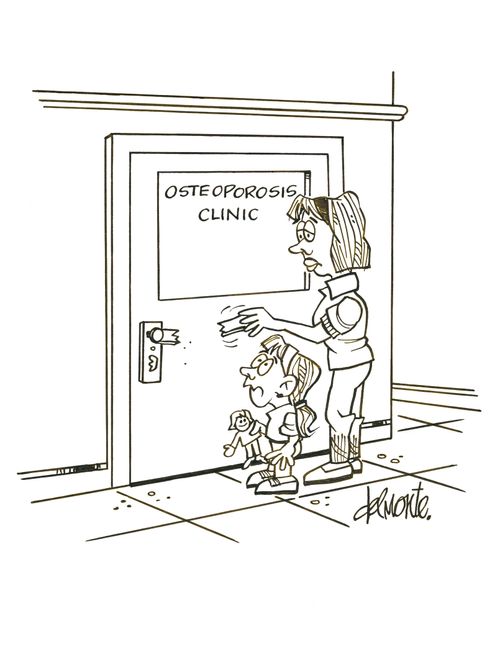 A woman and a girl are visiting an Osteoporosis Clinic when she pushes on the handle it snaps off