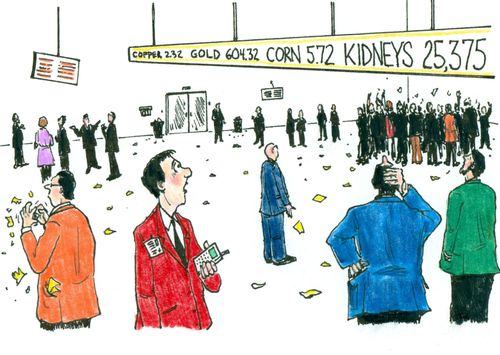 Traders on floor of commodities exchange see kidneys trade on the quote board.
