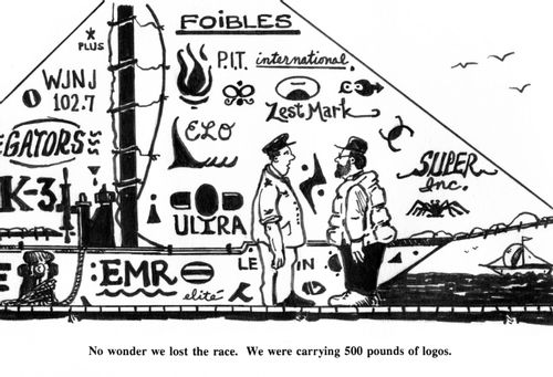 'No wonder we lost the race. We're carrying 500 pounds of logos.'