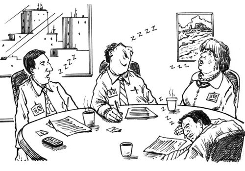 Everyone at a meeting has fallen asleep.