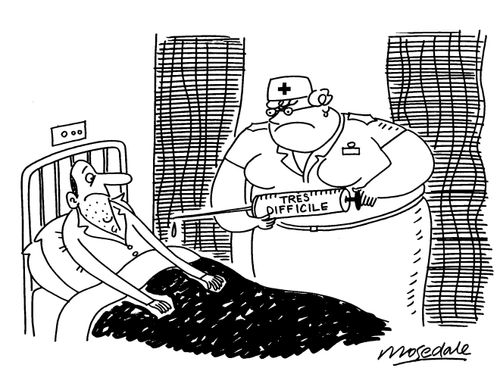 Nurse standing over difficult patient with syringe with 'tres difficile'.