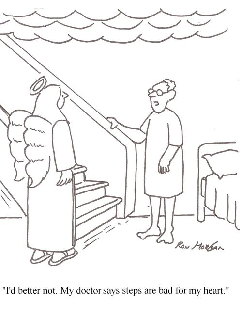 Man on the way to Heaven worries about steps.