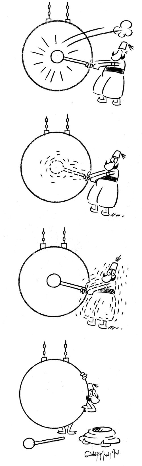 Man bangs a gong and his clothes fall off.