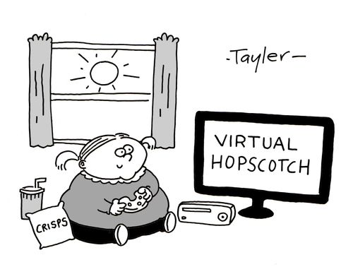 Overweight child playing virtual hopscotch on console