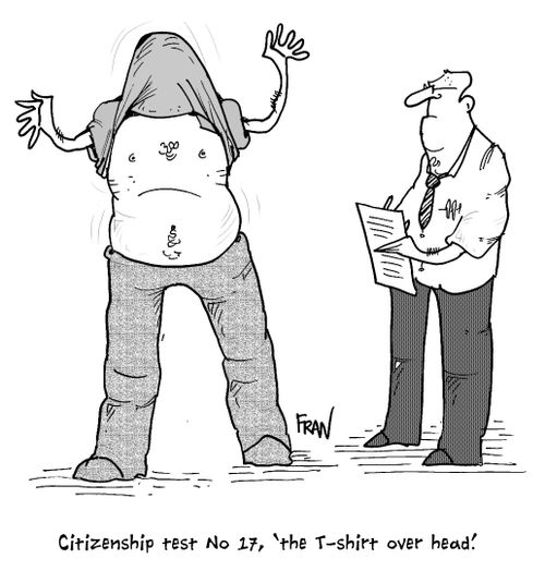 Citizenship test no 17, 'the t-shirt over head'.