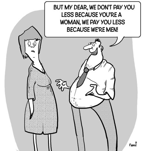 "But my dear, we don't pay you less because you're a woman, we pay you less because we're men!"