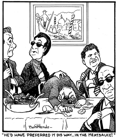"He'd have preferred it dis way...in the meatsauce!"