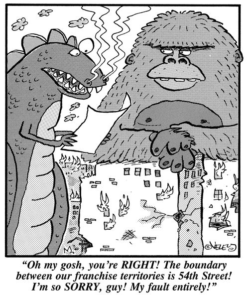 "Oh my gosh, you're RIGHT! The boundary between our franchise territories is 54th Street! I'm so sorry, guy! My fault entirely!"