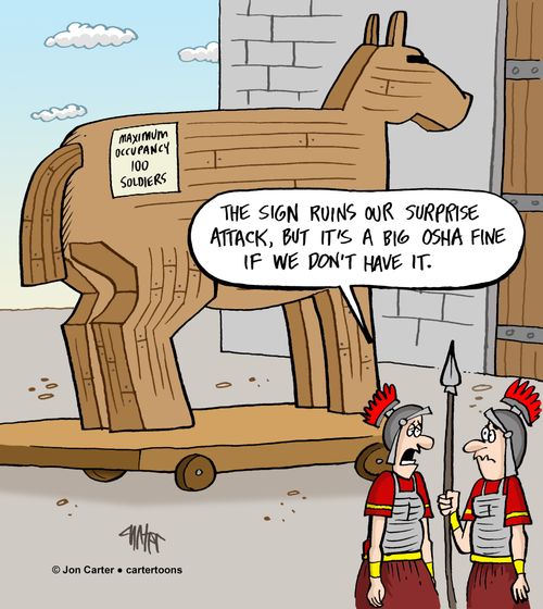 "The sign ruins our surprise attack, but it's a big OSHA fine if we don't have it."
