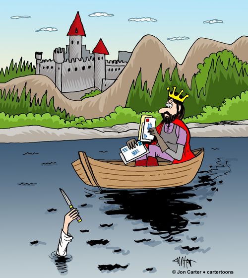 King Arthur on the lake trying to open letters when the lady of the lake offers a letter opener.