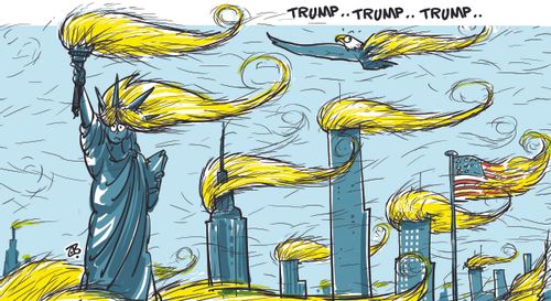 Trump's hair covers America and blows in the wind.