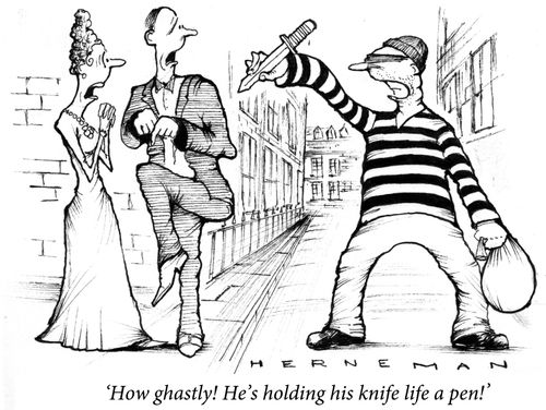 How ghastly! He's holding his knife like a pen!