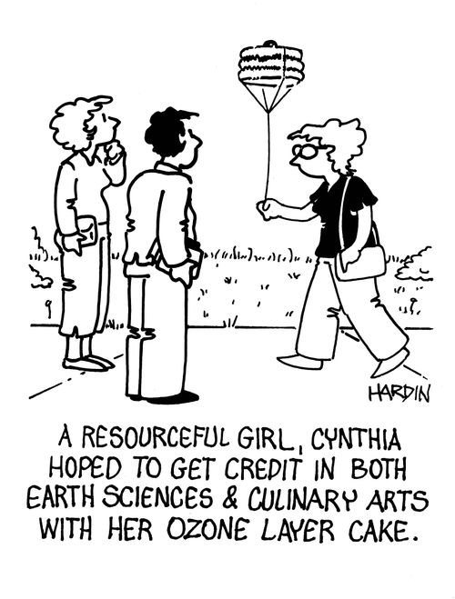 A resourceful girl, Cynthia hoped to get credit in both Earth Sciences and Culinary Arts with her ozone layer cake.