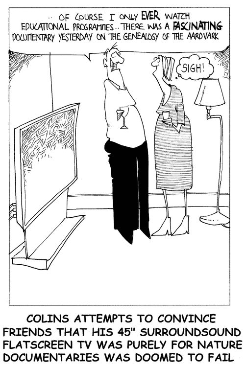 'Colin's attempts to convince friends that his 45' surround sound flatscreen TV was purely for nature documentaries was doomed to fail.'