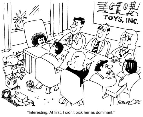 'Interesting. At first, I didn't pick her as dominant.' - Child chairs meeting at Toys Inc.