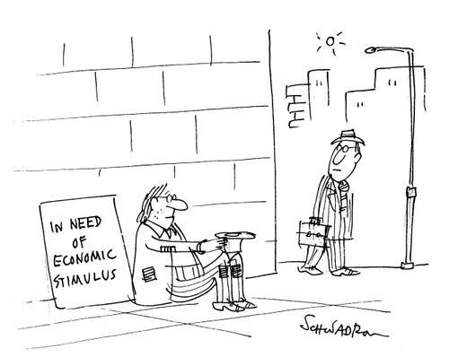 Beggar with sign - 'In need of economic stimulus'.