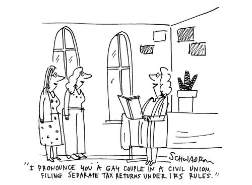 'I pronounce you a gay couple in a civil union filing seperate tax returns under IRS rules.'