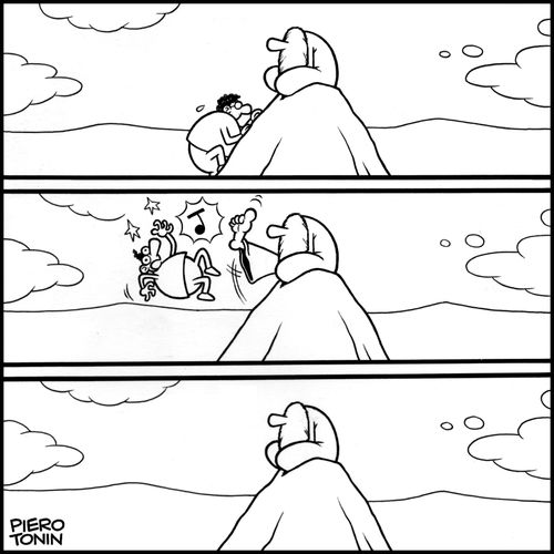 A montain guru kicks away a climber.