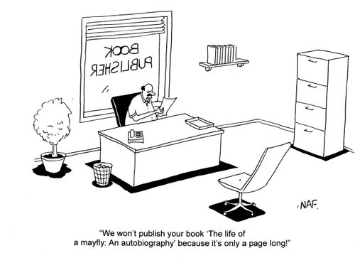 'We won't publish your book 'The Life of a mayfly: An Autobiography' because it's only a page long!'