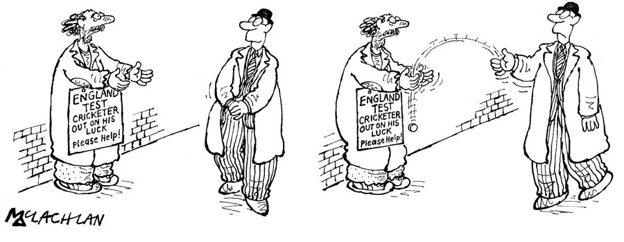 English test cricketer out on his luck - please help! (He doesn't catch the coin thrown at him)