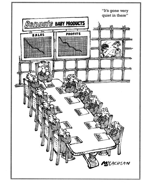 Board of directors of a baby products company suck their thumbs after realising sales and profits are down.
