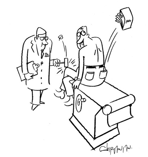 Doctor tests man's reflexes, wallet comes out.