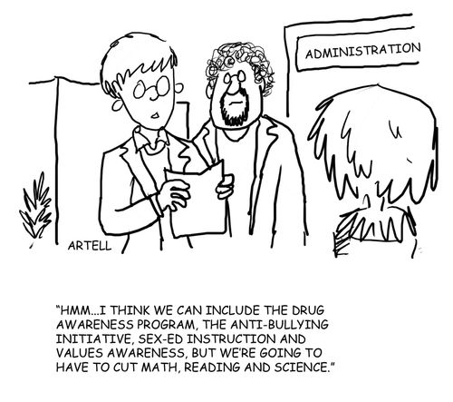 "Hmm...I think we can include the drug awareness program, the anti-bullying initiative, sex-ed instruction and values awareness, but we're going to have to cut math, reading and science."
