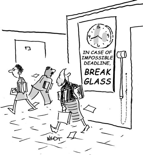 Worker sees clock which says: In case of impossible deadline, break glass.