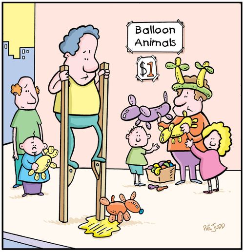 Guy on stilts watching a balloon dog lift its leg on his stilts. Balloon animal maker watching on.