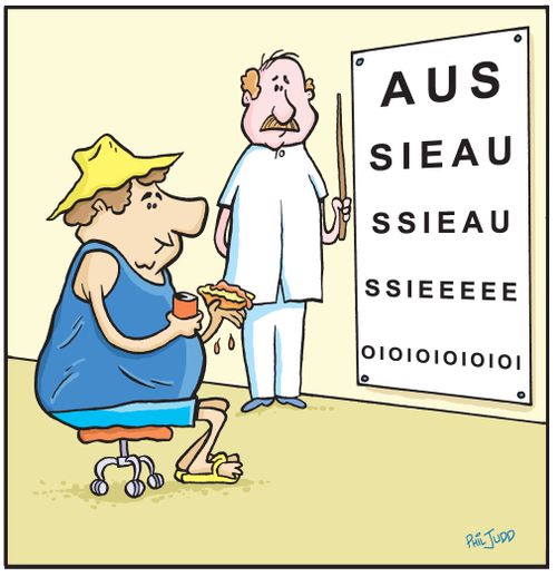 Man at Optometrists and reading an eye chart that spells out 'AUSSIE AUSSIE AUSSIE OI OI OI OI OI OI'..